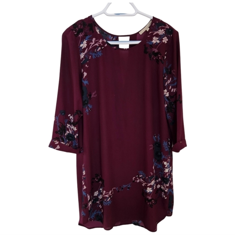 Monk & Lou Burgundy Floral Shift Dress Size M 3/4 Sleeves​​​​​​